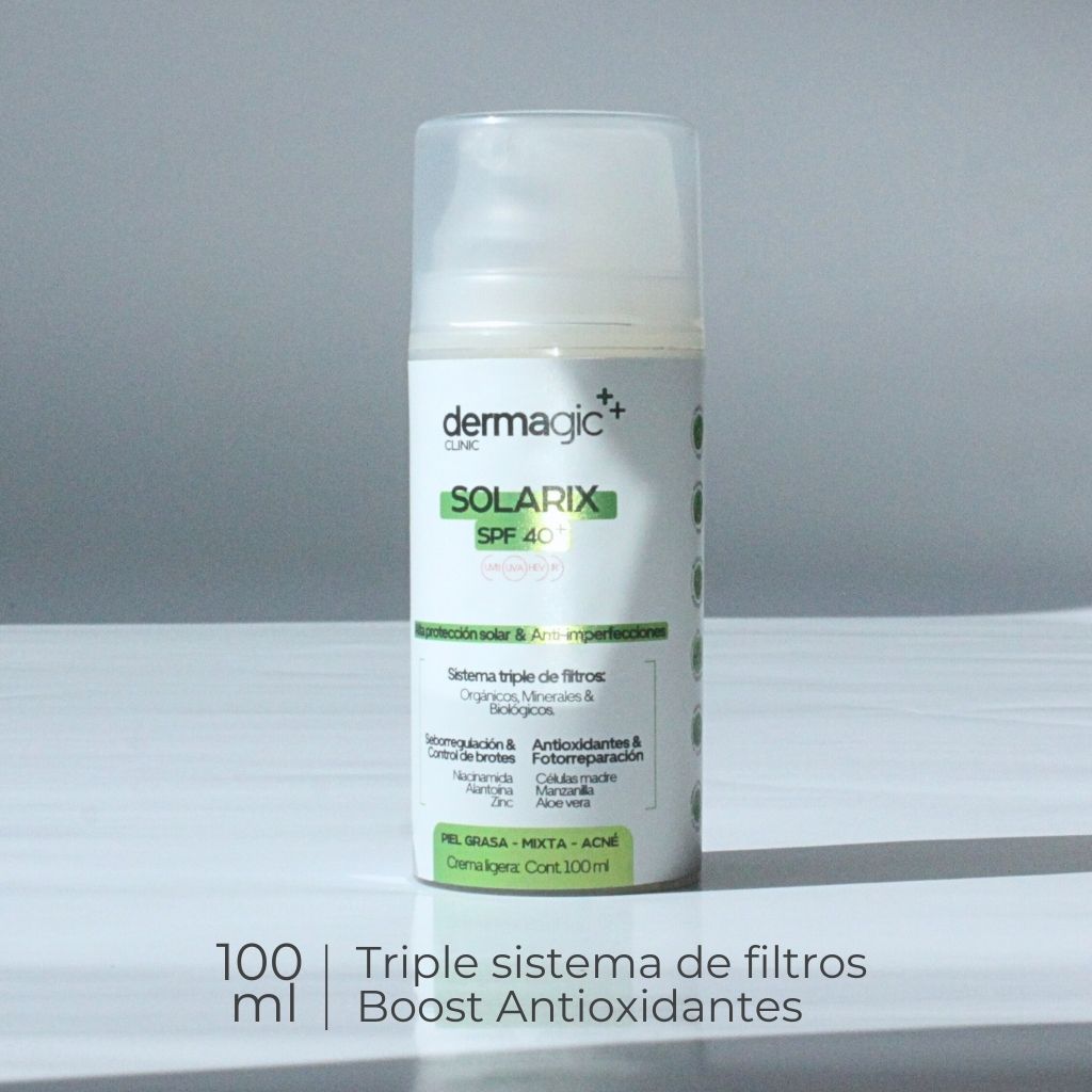 Protector solar facial con niacinamida, zinc y extracto de regaliz. Protección solar dermatológica para piel grasa o con tendencia a imperfecciones. Fórmula ligera y matificante. dermagic