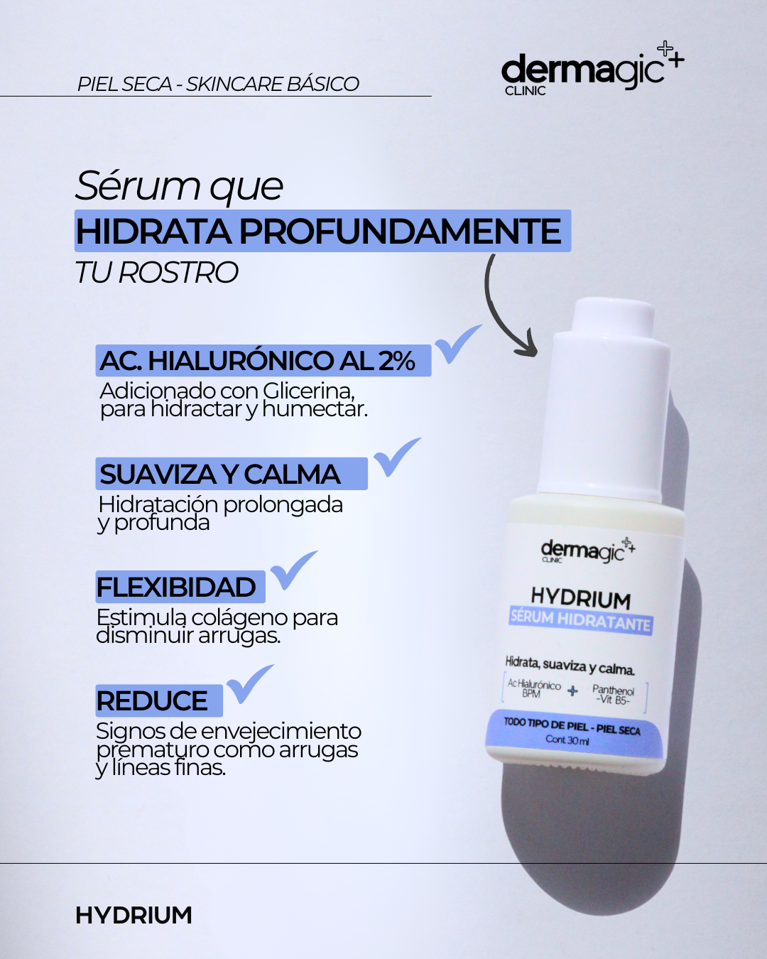 Sérum hidratante Dermagic Hydrium con ácido hialurónico y pantenol, ideal para piel seca, deshidratada o sensibilizada.