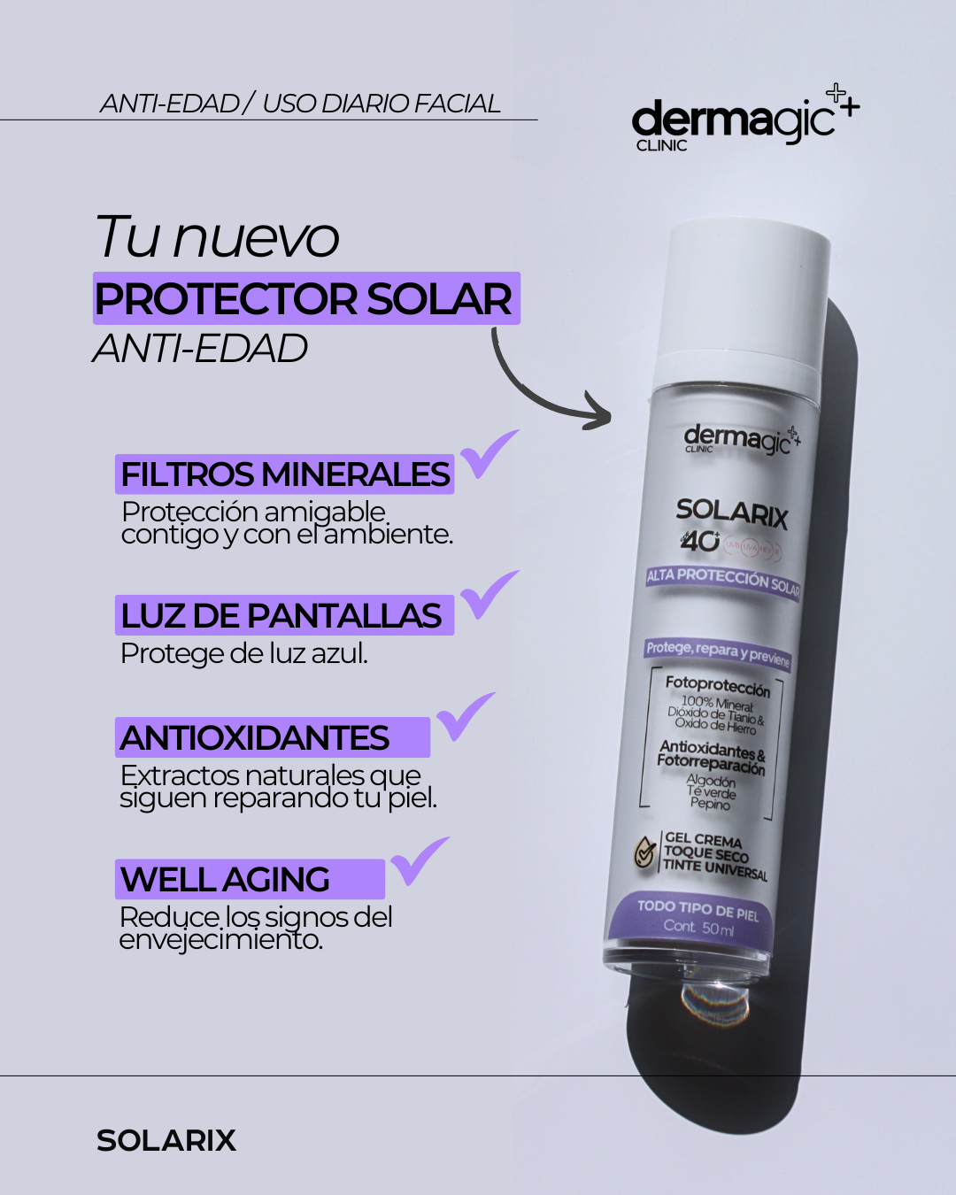 Protector solar antiedad con antioxidantes, filtro solar para piel madura